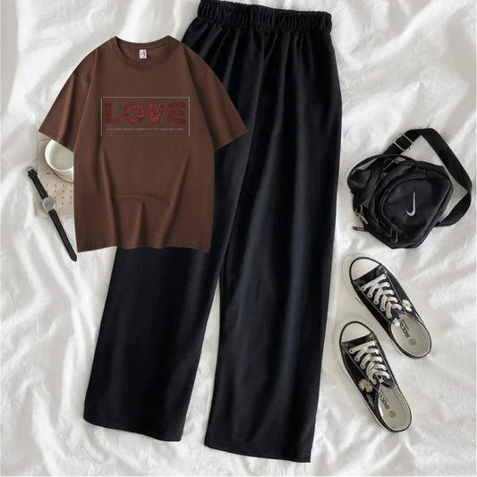 Love Oversized  Printed T-Shirt with Black Terry Flapper - Brown