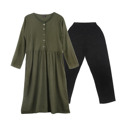 Long Maxi Dress with Front Buttons and Full Sleeves, Paired with Trouser - Olive Green