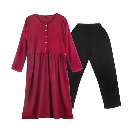 Long Maxi Dress with Front Buttons and Full Sleeves, Paired with Trouser - Maroon