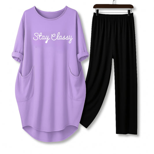 Lilac / Lavender Stay Classy Printed Long Tee And Cotton Loose Pant