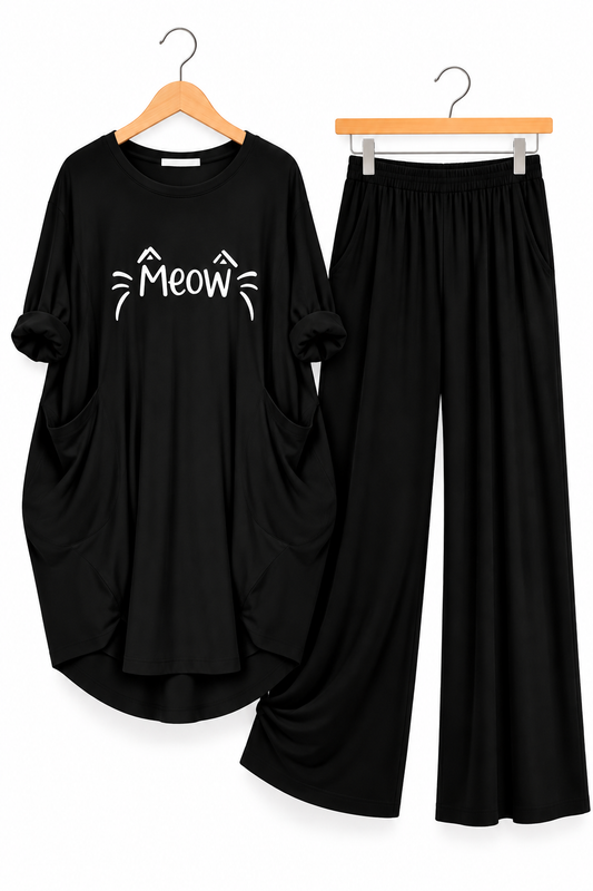 Black Meow Printed Long  Tee And Cotton Loose Pant