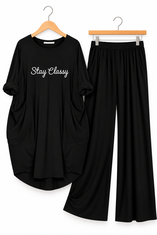 Black Stay Classy Printed Long Tee And Cotton Loose Pant