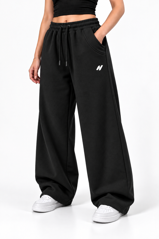 Relaxed Fit Wide Leg Baggy Trousers - Black
