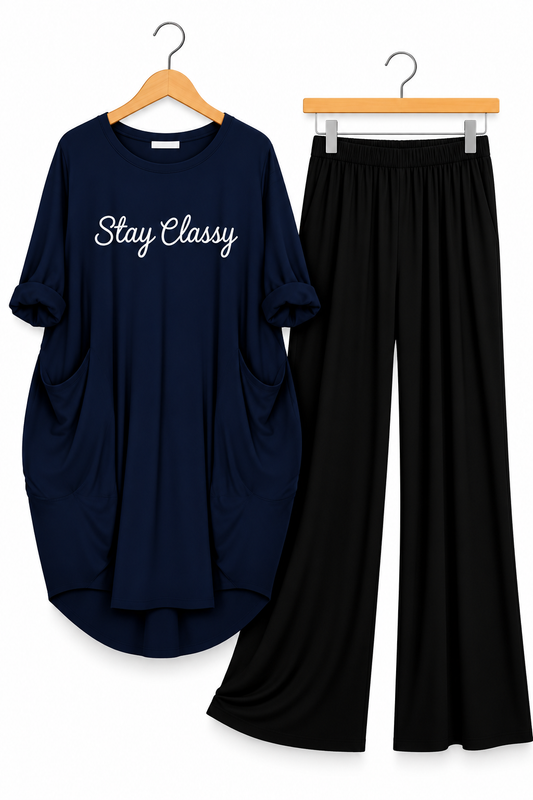Blue Stay Classy Printed Long Tee And Cotton Loose Pant