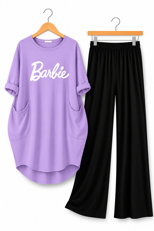 Lilac / Lavender Barbie Printed Long Tee And Cotton Loose Pant