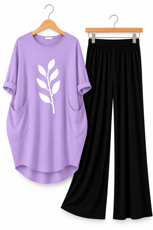 Lilac / Lavender Leaf Printed Long Tee And Cotton Loose Pant