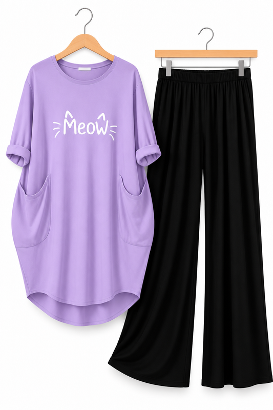 Lilac / Lavender Meow Printed Long Tee And Cotton Loose Pant