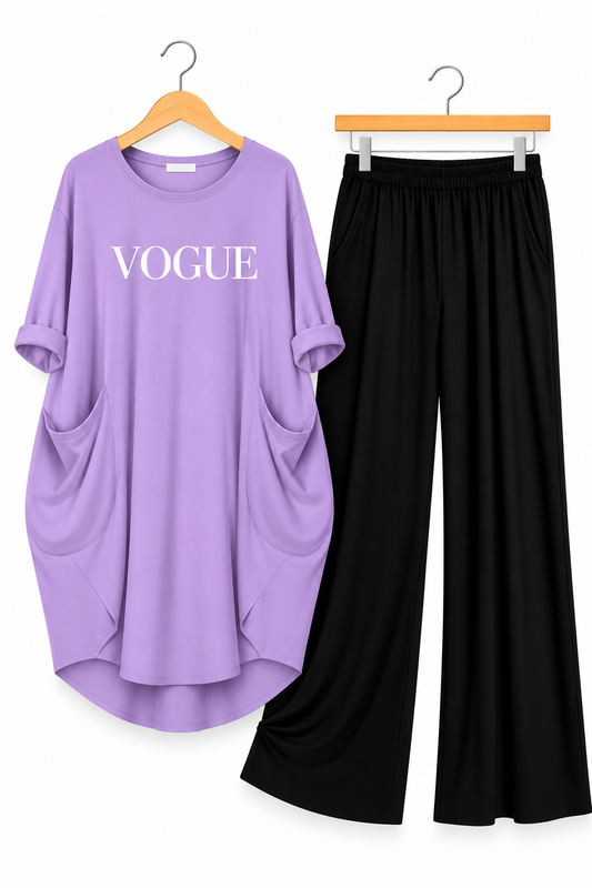 Lilac / lavender Vogue Printed Long Tee And Cotton Loose Pant