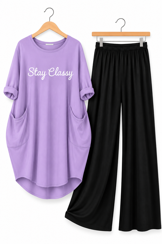 Lilac / Lavender Stay Classy Printed Long Tee And Cotton Loose Pant
