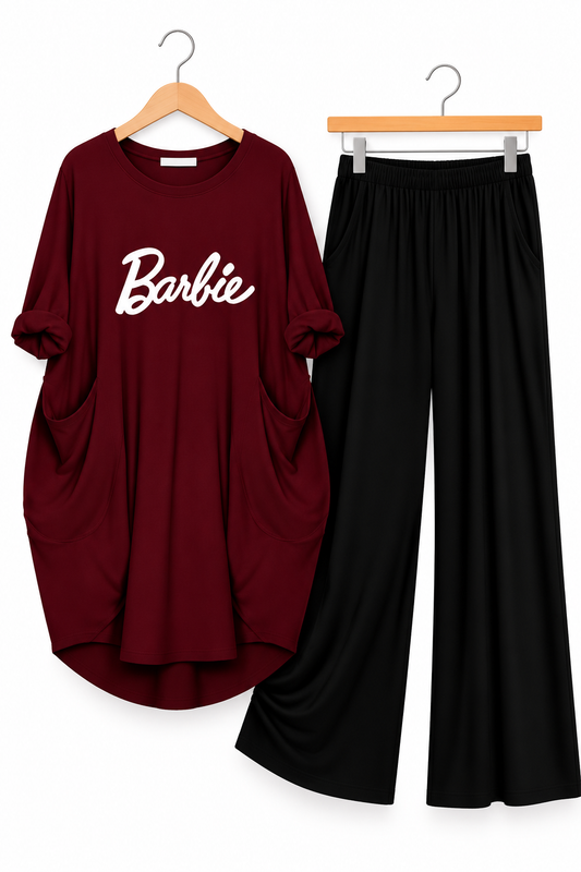 Maroon Barbie Printed Long Tee And Cotton Loose Pant