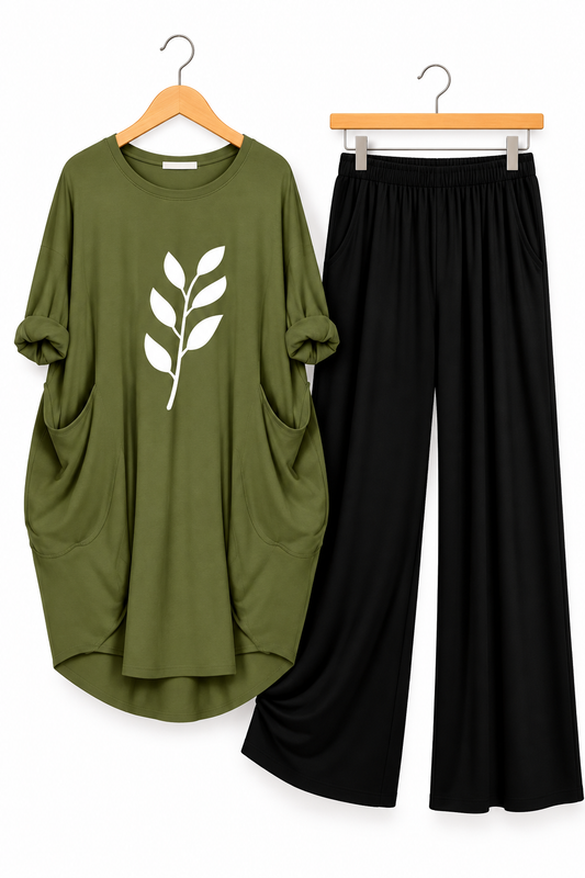 Leaf Printed Long Tee And Cotton Loose Pant - Olive Green