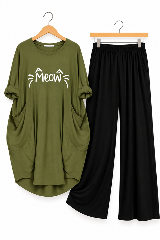 Meow Printed Long Tee And Cotton Loose Pant - Olive Green