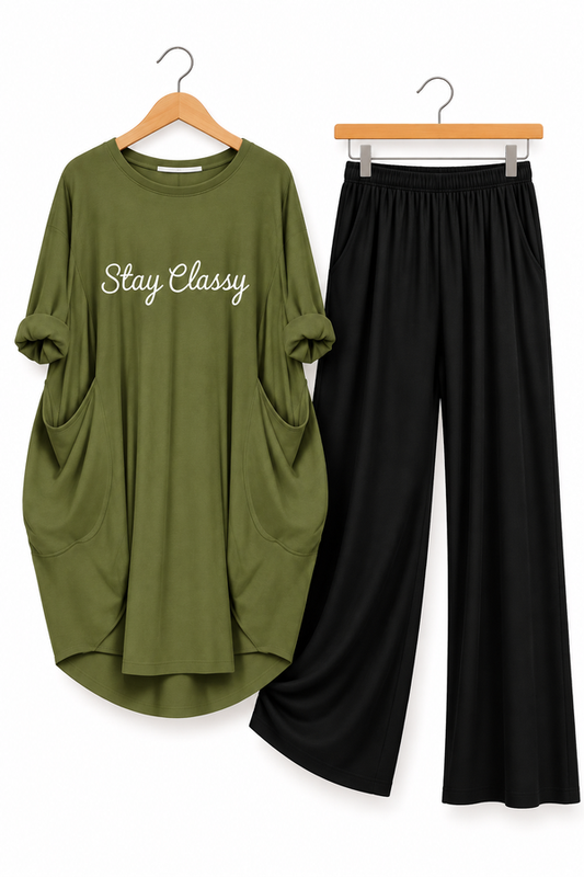 Stay Classy Printed Long Tee And Cotton Loose Pant - Olive Green