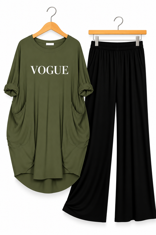 Vogue Printed Long Tee And Cotton Loose Pant - Olive Green
