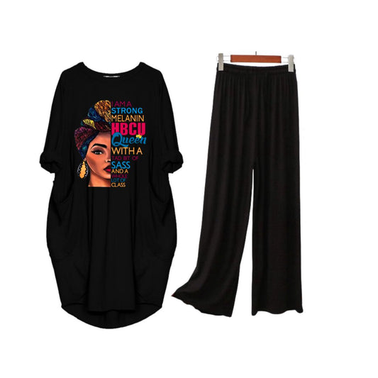 Melanin Queen HBCU Printed Long Tee And Cotton Loose Pant