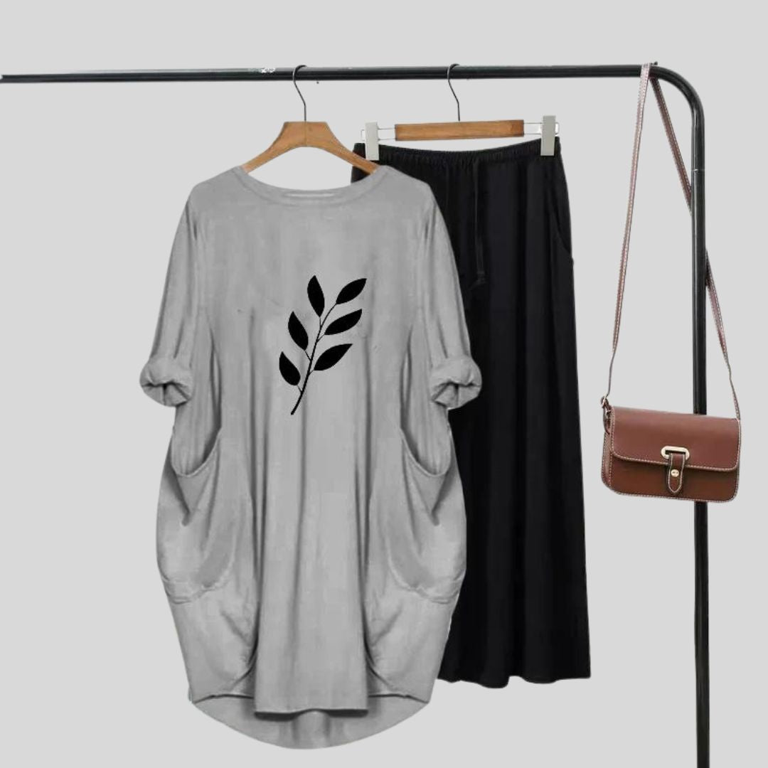 Gray Leaf Printed Long Tee And Cotton Loose Pant
